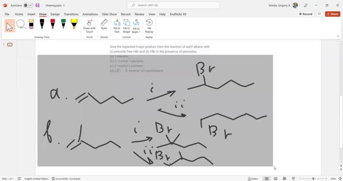 Reaction major expected give alkenes five show br2 below been amend drawn starting materials chirality draw indicated enantiomer structures centers